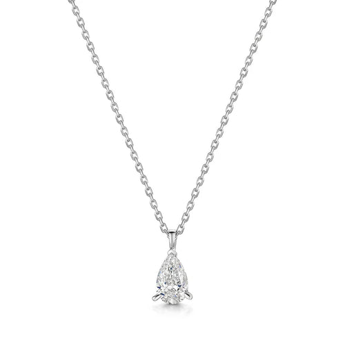 White gold chain necklace with a prong-set pear-shaped diamond pendant